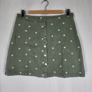 Miami Green Denim Embroidered Flower Skirt 100% Cotton Daisies Buttons Womens L